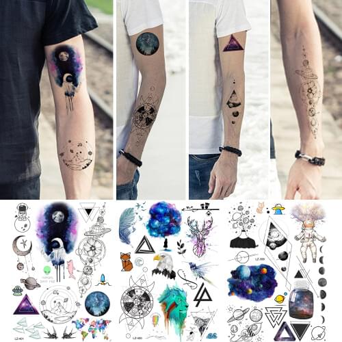 REJASKI Blue Galaxy Planets Spaceman Temporary Tattoo Stickers Watercolor Eagle Body Art Tatoos Geometric Hill Fake Tattoos Arm