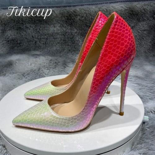 Tikicup Gradient Colors Women Crocodile-Effect Pointy Toe High Heels 8/10/12cm Customize Ladies Sexy Pumps Wedding Party Shoes