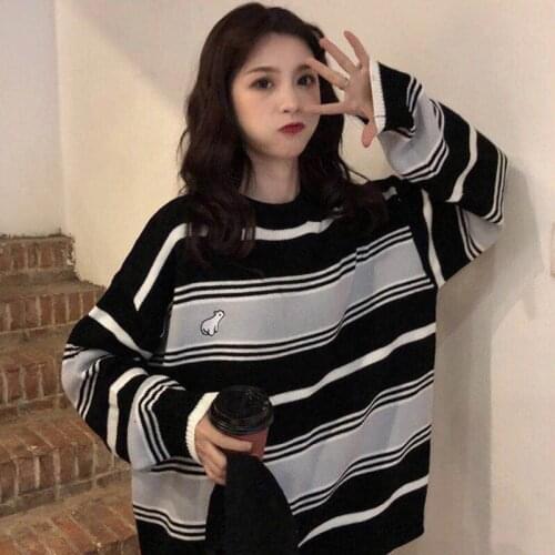 Striped Women Kawaii Ulzzang Vintage College Loose Clouds Sweater Female Korean Punk Thin Cute Loose Harajuku Clothing For Women