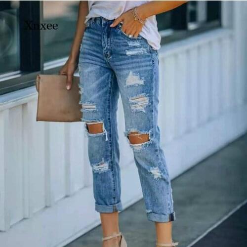 2021 Summer Womens Fashion Ripped Zipper Slim Fit Ripped Denim Trousers Womens Clothing