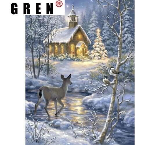 GREN Diy 5D Diamond Painting Winter Snow Landscape Cross Stitch Round Drill Full Diamond Embroidery Rhinestones Mosaic Picture