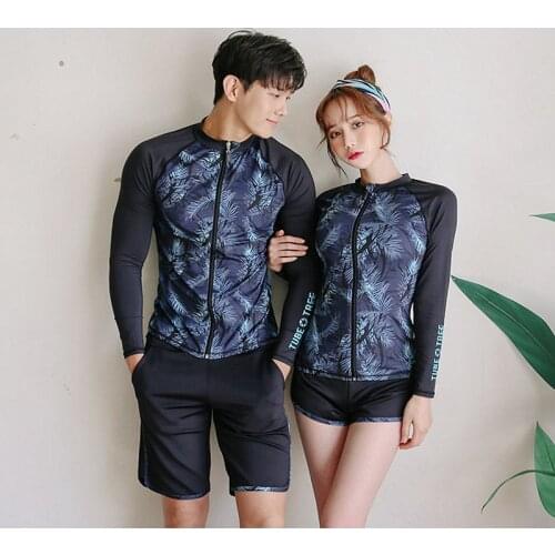 Mens Women 3-piece set UPF 50+ Zip Front Long Sleeve Top & Bottoms Rashguard Swimsuit Swim Sun Shirt & Trunks Matching Couples