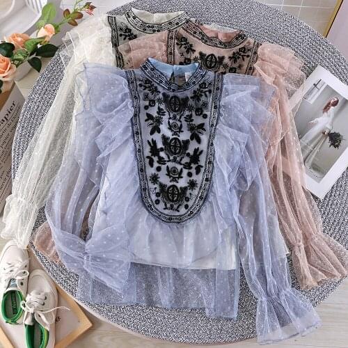 Ruffled lace shirt two-piece womens summer 2021 new style mesh splicing stand collar long-sleeved top