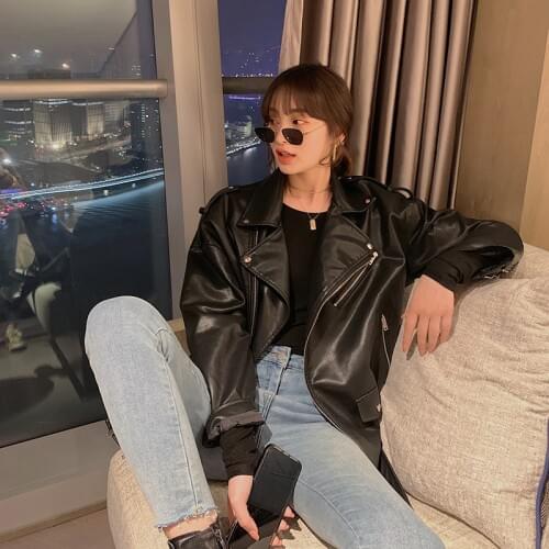 New Women Faux Leather Jacket With Belt Loose 2021 Spring Autumn Long Sleeve Female Casual Jackets Ladies Biker Motorcycle Coat