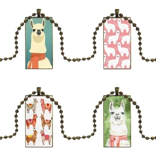 Lama Llama Alpacas Animal For Unisex Gift Necklace With Bronze Plated Glass Cabochon Choker Long Pendant Rectangle Necklace