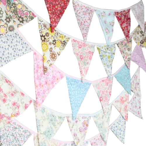 New 12 Flags - 3.2M Cotton Fabric Banners Floral Print Bunting Decor Wedding bunting birthday photo garland