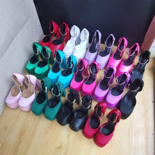 New 15CM Sexy Womens Pumps Genuine Leather Silk Thick High Heel Platform Rhinestone Women Shoes Black Red Yellow Rose Purple