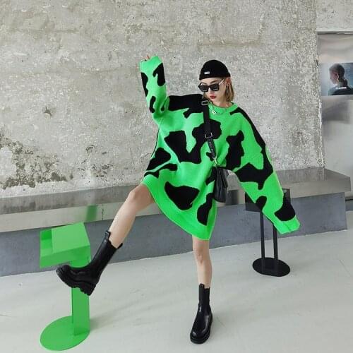 Spring 2021 New Cow Print Contrast Color Splice Medium Length Sweater Loose Fashion O-neck Knitwear Pullover Sweaters for Women