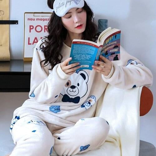 H5996 Cartoon Bear Pajamas Womens Thickened Coral Velvet Korean Nightwear Set Lovely Home Clothes Long Sleeve Winter Nightgown