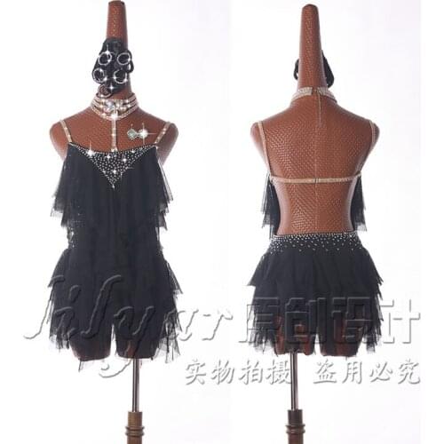 New Latin Dance Competition Dress Sasa Dance SALSA Exercise Dress Performance Dress Black Fluorescent Yellow Shining