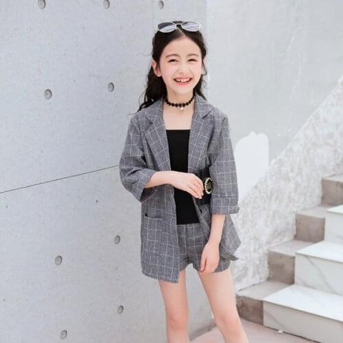 British Style Girls Casual Suit 3 Pcs Spring Fall New Childrens Long Plaid Suit Coat + Camisole Tops + Shorts Kids Clothes X177