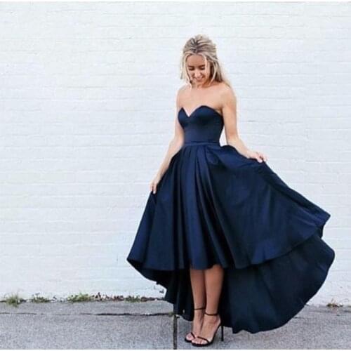Simple Navy Blue Prom Dress Sweetheart A-line Short Front Long Back Women Formal Party Gown Vestido De Formatura Cheap Prom Gown