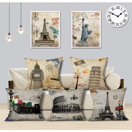 Paris Tower Decorative Cushion Cover Vintage Paris London Building Pillowcase Nostalgic Linen Throw Pillow Cover for Home Decor