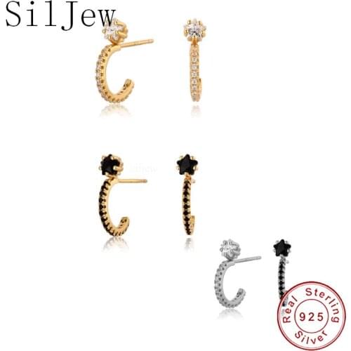 SilJew 925 Sterling Silver Star White Black Hoops Earring Piercing Circle Earring Piercing Luxury Zircon Fashion Jewelry Women