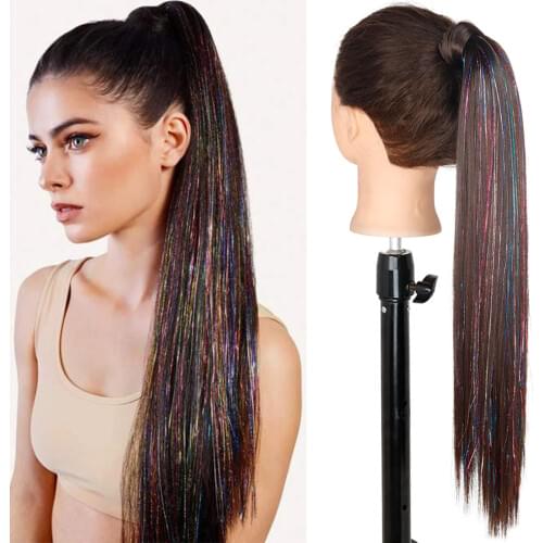Long Straight Bright Lines Ponytail Wrap Around Clip In Hair Extension Heat Resistant Synthetic Pony Tail 22 Inch Fake Hair