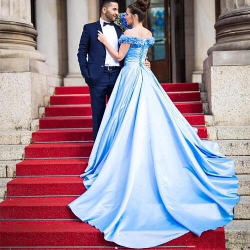 Light Sky Blue Clothes Long way From The Shoulder Handmade Flowers One Line Satin Dress Lace Up Back Formal Wedding