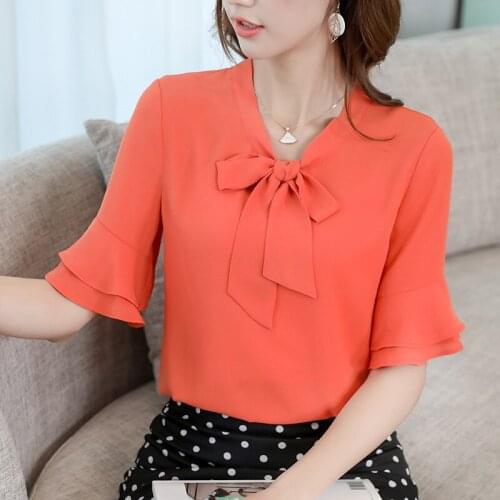 Women Bottom Shirt Spring Summer Short Sleeve Pure Color Chiffon Blouse Ladies Fashionable Slim Leisure Korean Simple Top H9100