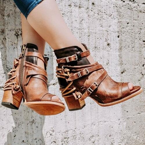 Women ankle boots peep toe booties shoes high heels pump chaussure vintage PU leather gladiator woman zapatos mujer sapato