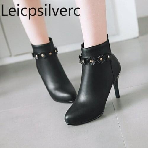Womens Boots winter The New Pointed Flower Metal Decoration zipper Fine heel High heel Short tube Womens shoes plus size 34-43