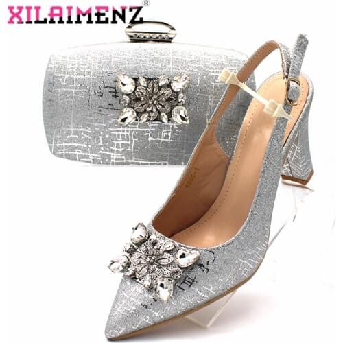 Silver Color New Design Pointed Toe and Slingbacks African Lady Shoes and Bag to Match Italian Women Shoes and Bag Set to Party
