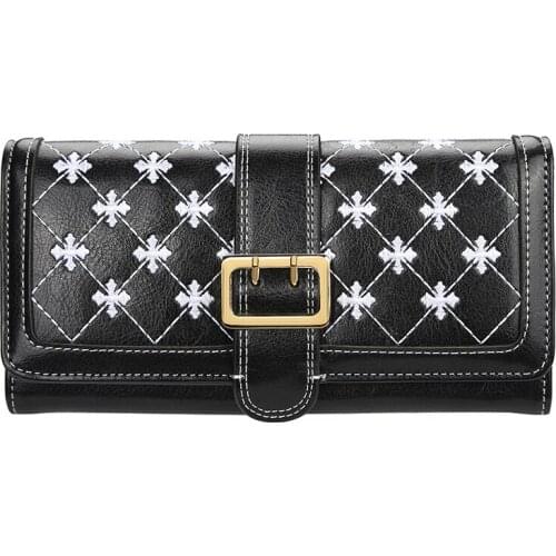 Womens Long Wallet Multifunctional Fashion Simple Pin Buckle Clutch Bag Four-Leaf Clover Embossed Cell Phone Bag Coin Purse