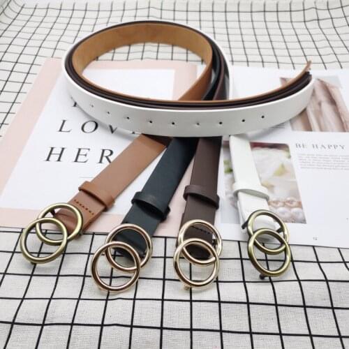 Dressing Ladies Leather Professional Dress Belt New Double Round Pin Buckle Leather Wild Jeans with Narrow Fashion Students 2021