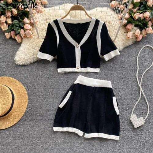2021 New Color Matching Knitted Two Piece Set Women Fashion Shorts Sexy Outfit Short Sleeved Top+Wide Leg Shorts Two Piece Sets