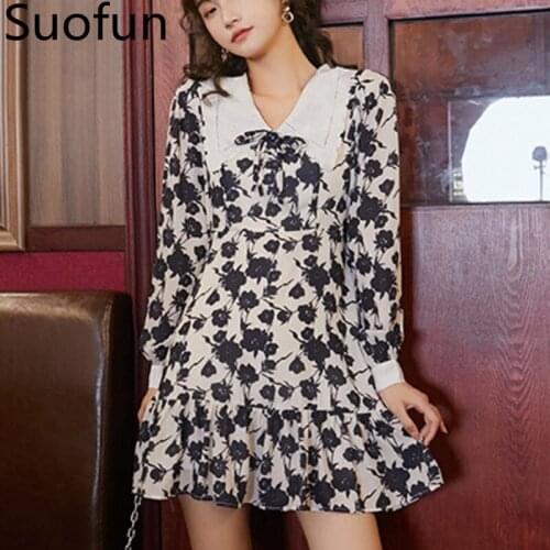 Suofun Long Sleeve Peter Pan Collar New Spring 2021 Women Vintage Floral Print Ruffle Korean Style Mini Floral Dress Vestidos