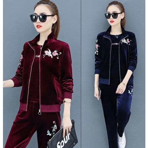 Gold Velvet Suit Women Spring New Fashion Embroidered Clothes Three-piece Suit Women Spring and Autumn Leisure Sports Suit