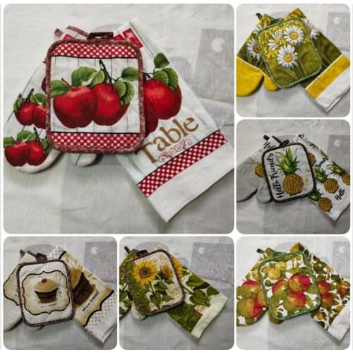 3 Pcs/Set Flower Fruits Printed Cotton Nordic Anti Scald Microwave Oven Glove Insulation Pad Tea Towel Kitchen Tools