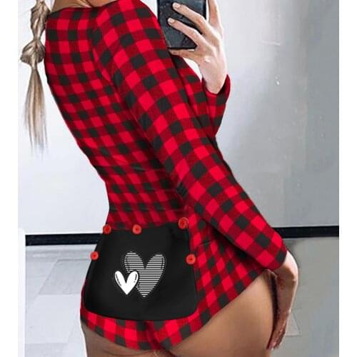 40#Plaid Print Women Sexy Onesies Long Sleeve Pijama V-neck Pyjama Bodysuit Button-down Functional Buttoned Flap Adult Jumpsuit
