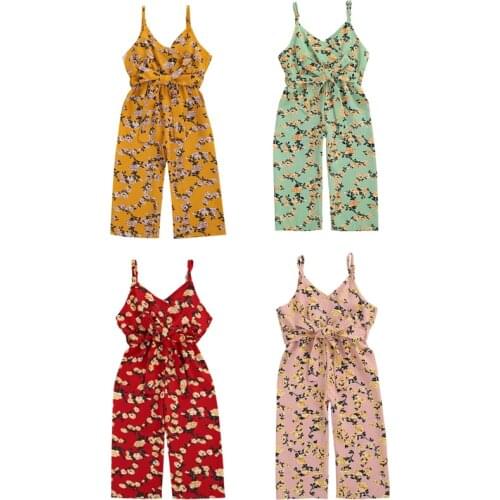 1-6Years Toddler Baby Kids Girl Romper Sling Trouser Sleevless Flower Printed Buttons Summer Lace-up Clothes