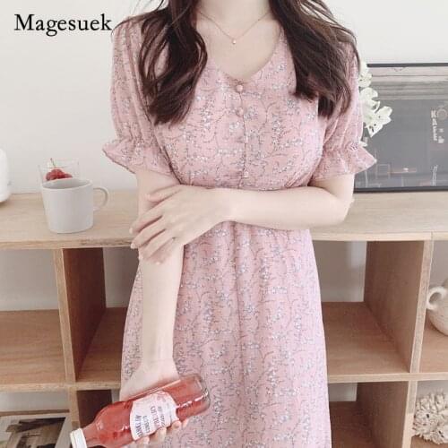 Elegant Women Short Sleeve 2021 Summer Dresses Korean Chiffon Long Dress Femme V-neck Shredded Flowers Medium-length Dress 15540