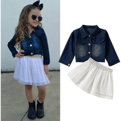FOCUSNORM 2pcs Fashion Kids Girls Clothes Sets Blue Denim Single Breasted Jacket Tops+Mesh Skirts Outfits 1-6Y