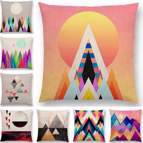 Hot Sale Impressionist Sunrise Sunset Abstract Colorful Sun Geometric Mountain Ornate Triangles Peaks Cushion Cover Pillow Case