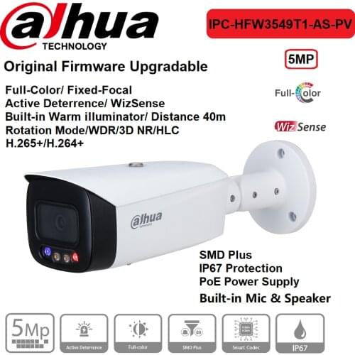 Dahua IP Camera 5MP IPC-HFW3549T1-AS-PV Original Fixed-Focal Bullet Buil-in Mic&Speaker PoE Onvif Water Proof 24hours Colorful