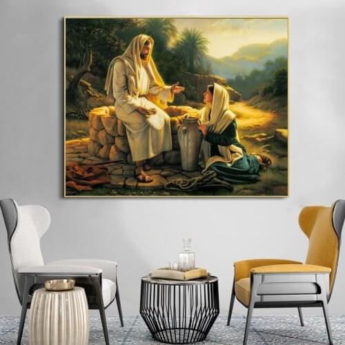 Famous Painting Jesus and The Samaritan Woman Canvas Posters and Prints Wall Art Oil Painting for Living Room Home Decor
