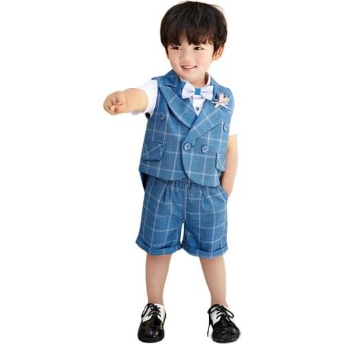 Boys 1 Birthday Gift Photograph Suit T Shirt +Vest +Shorts+Tie 4PCS Clothing Set Kindergarten Kids Dress Children Chorus Costume
