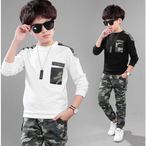 2Pcs Boys Long Sleeve Fashionable Camouflage Tops Pants Clothing Set Kids Camo Outfit