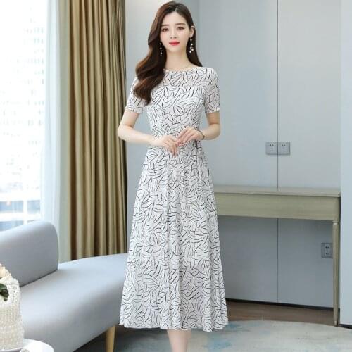 2021 New Floral Printed Chiffon Dress Women summer Long-Sleeved O-Neck High Waist Long Dresses Female