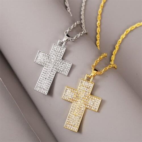 Classic Women Men Rhinestone Cross Necklaces & Pendants Hip Hop Jewelry Trendy Gold Silver Color Long Chain Statement Necklace