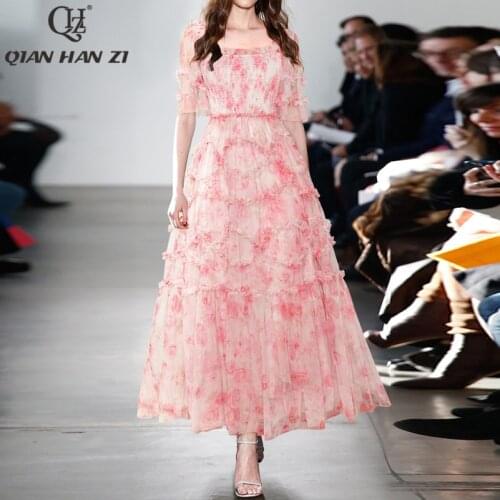 Qian Han Zi summer high quality fashion Maxi dress Women square collar Elastic Bust Edible Tree Fungus print Elegant long dress