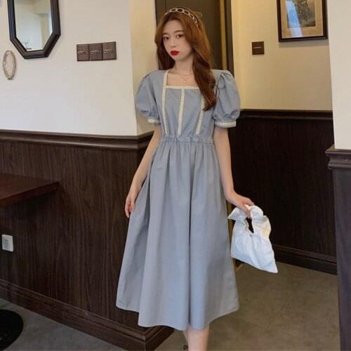 Short Sleeve Dress Women Summer Solid Square Collar Midi Elegant Korean Simple Leisure Loose Preppy Womens A-line Dresses Y352