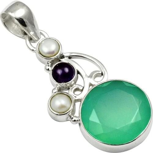 Lovegem Genuine Chalcedony & Amethyst & Pearl Pendant 925 Sterling Silver ,43 mm, A4187