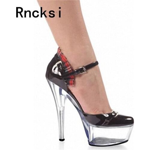 Rncksi Lady 15cm High Heels Buckle Straps Round Toe Sexy Women Night Club Party Queen Pole Dance Pumps Shoes 5cm Platform Pumps