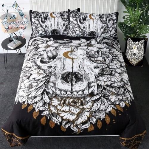 Wolf Skull by Scandy Girl Bedding Set Floral Leaf Quilt Cover Animal Skeleton Gothic Bed Set Queen 3pcs Golden Luxury Bedspreads