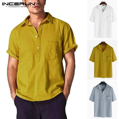 INCERUN Men Casual Shirt Cotton Solid Stand Collar Loose Retro Short Sleeve Pullovers Shirts Men 2021 Breathable Camisa Harajuku
