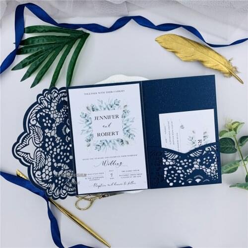 Splendid Dark Navy Laser Cut Wedding Invitations With Personalized RSVP card&Belly Band, Fancy Tri-folded Invitations