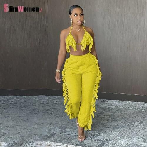 Women Tassel Set Outfits Tracksuit Sleeveless Bandage Halter Bra Tops Long Pants Two 2 Piece Sets Sexy Fashion Streetwear Summer