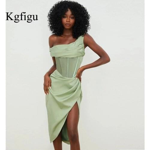 KGFIGU Dresses For Women 2021Summer New Arrival Ladies One-Shoulder Sleeveless Split Solid Color Sexy Dress Elegant Party Outfit